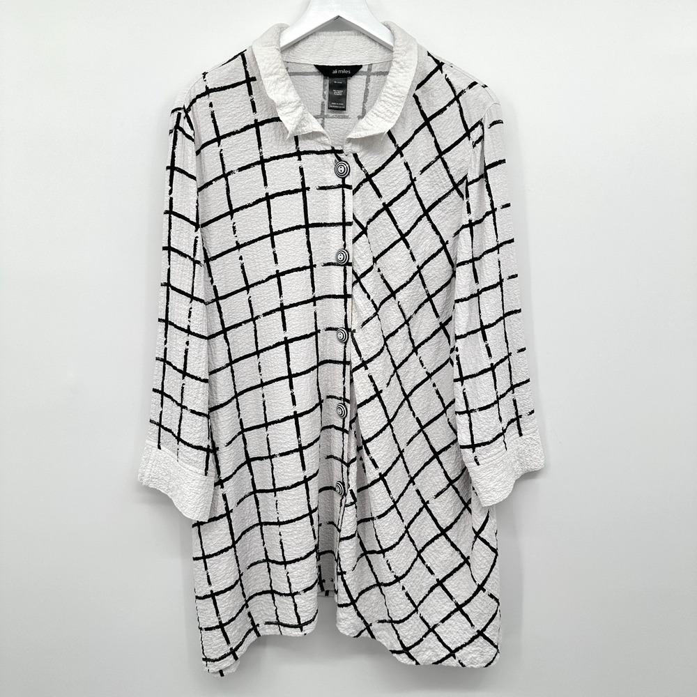 Ali Miles Tunic Top Shirt Size L XL Stretch 3/4 Sleeves Sheer Button Up Artsy